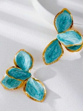 Hand painted Turquoise Enamel Petal Statement Earrings Gold Tone Floral Abstract